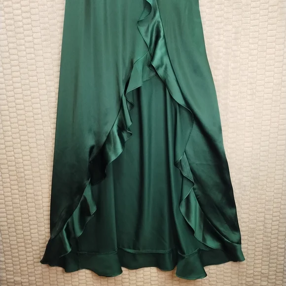 12th Tribe Green Satin Ruffle Maxi Dress High Slit-Medium - Picture 5 of 15
